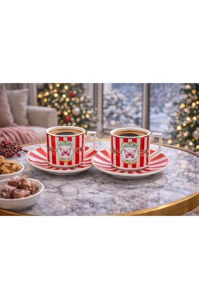 cashen Kelebek Patterned 2-Piece Turkish Coffee Cup Boxed Porcelain Coffee Cup Set