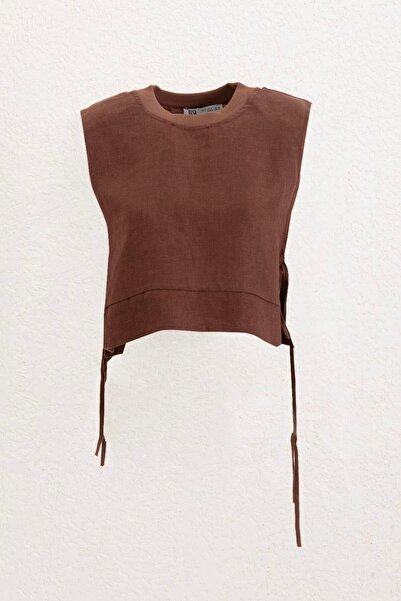 BSL Yandan Bağcıklı Crop Keten Bluz