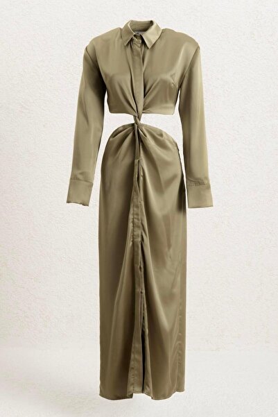 BSL Parçalı Saten Midi Gömlek Elbise