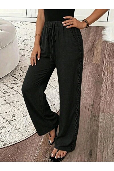 HYEM Pantaloni lungi de damă cu talie înaltă, cu șiret decorativ și detaliu d...