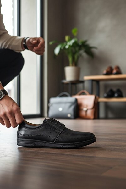enoch Genuine Leather Black Orthopedic Lace-Up Men's Classic Dad Shoes