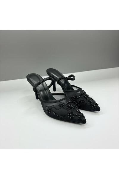 AZR Women's Tulle Mesh Beaded Embroidery Detailed Shoes with 5cm Thick Heel