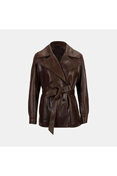 Desa Kadın Taba Kemerli Kruvaze Deri Trençkot