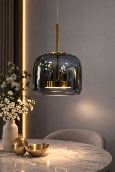 MARS CONCEPT Modern Füme Cam Sarkıt Avize – Gold Detaylı Tekli Led Cam Avize ...