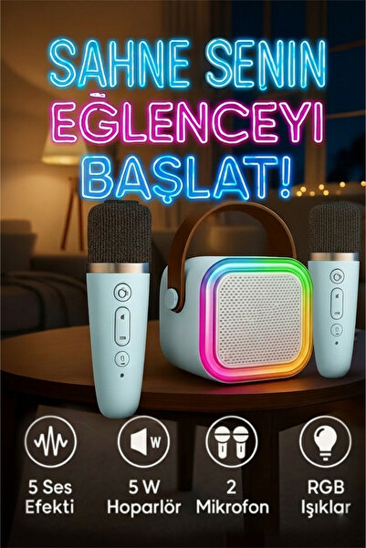 TECHNOMEN Çift Mikrofonlu Taşınabilir Mini Karaoke Seti RGB Işıklı Bluetooth ...