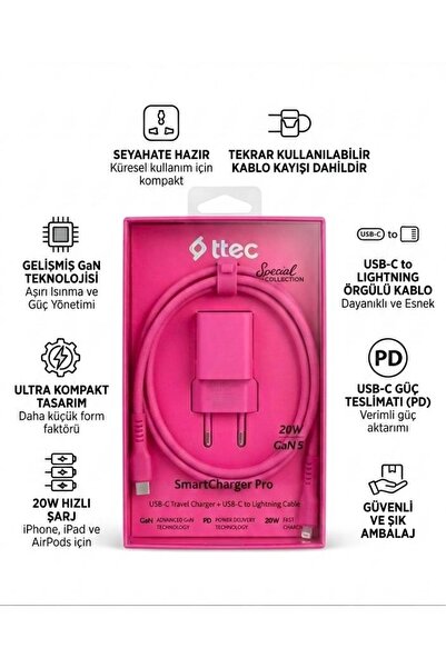 Ttech iPhone Uyumlu 20W PD Hızlı Şarj Seti - Ultra Kompakt GaN 5 Teknolojisi