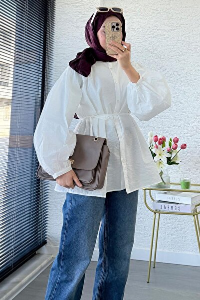 MELEK ARAZ Balon Kol Hakim Yaka Zigana Tunic – White