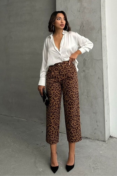Generic Brand Pantaloni maro camel cu imprimeu leopard