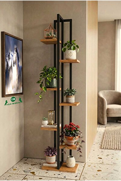 Yılkı Mobilya 7 Bölmeli Siyah-Atlantik Çam Metal Çiçeklik