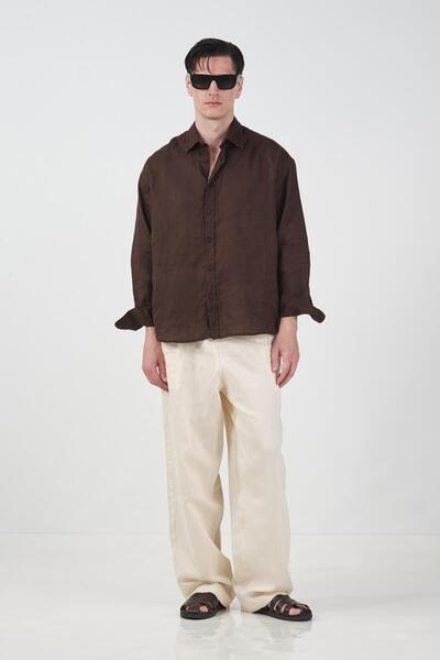 GIESTO %100 KETEN OVERSIZE KAHVERENGİ GÖMLEK