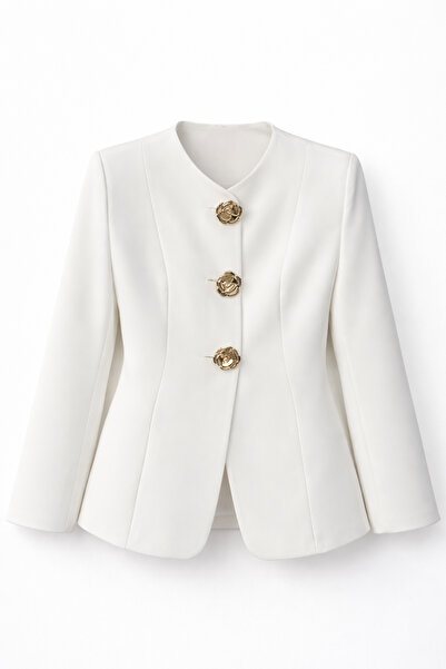HAZELANNA Waist-Fitted White Jacket with Gold Rose Buttons