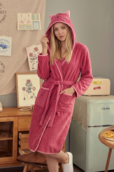 POMY KAPŞONLU KADIN VE ERKEK BORNOZ PAMUKLU-KEDİ