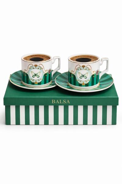 cashen Turkish Coffee Cup Set of 2 Green Patterned Boxed Porcelain Coffee Cup Set