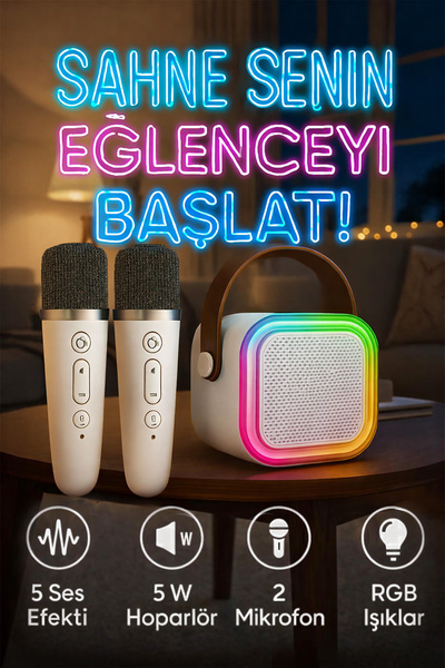 TECHNOMEN Çift Mikrofonlu Taşınabilir Mini Karaoke Seti RGB Işıklı Bluetooth ...