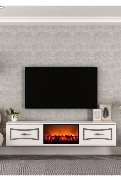 DEMONTE DECOR TV0065-TXA150DD-32 DUVARA MONTAJ ŞÖMİNELİ TV SEHPASI BEYAZ-GÜMÜŞ
