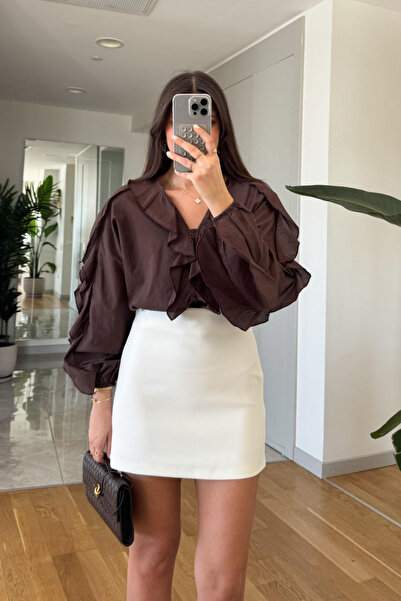 aura7 collection KADIN GİYİM OVERSİZE FIRFIRLI KAHVERENGİ TREND SALAŞ GÖMLEK