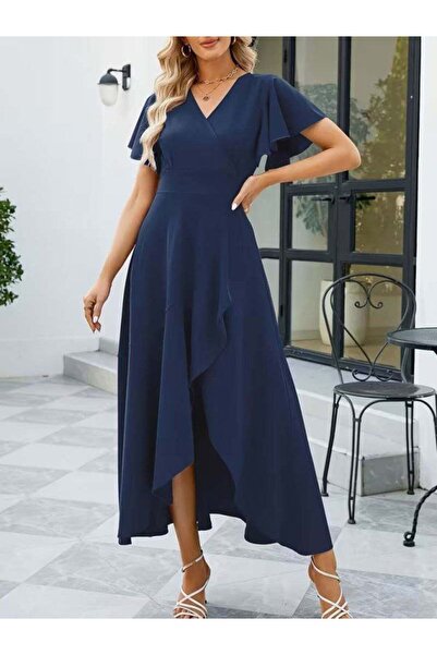 Kokosh moda Kadın Kruvaze Yaka Eteği Volanlı Asimetrik Kesim Uzun Krep Düğün ...