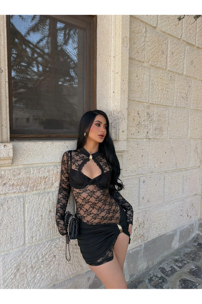 kırmızı butiks Aksesuarlı Dantel Elbise