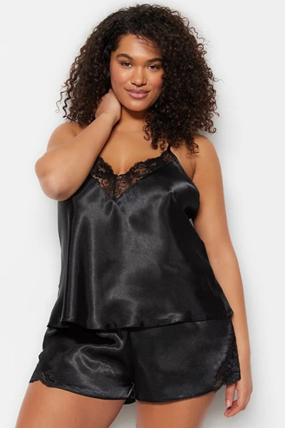 Laperissa Black Lace Detailed Satin Woven Pajama Set