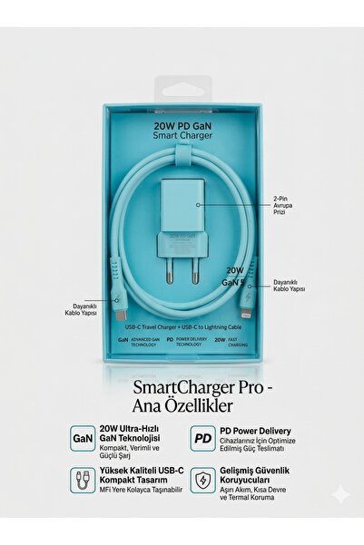 Ttech 20W PD GaN Hızlı Şarj Cihazı + USB-C Lightning Kablo Seti - Akıllı Koru...