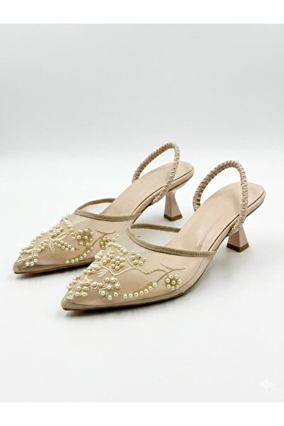 AZR Women's Tulle Mesh Beaded Embroidery Detailed Shoes with 5cm Thick Heel