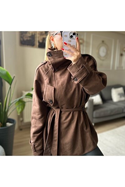 SMGBUTİK Dik Yaka Acı Kahve Süet Kuşaklı içi astarlı Mevsimlik