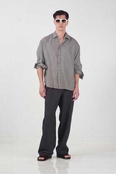 GIESTO قميص رمادي كبير الحجم 100% كتان