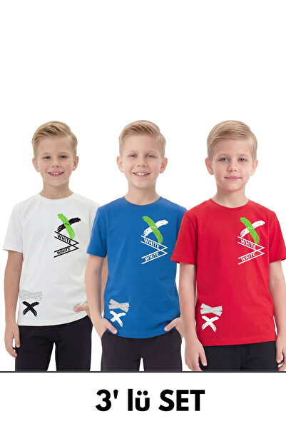 panios kids 3-компонентна къса ръкавна лятна тениска с кръгла яка и бял принт...