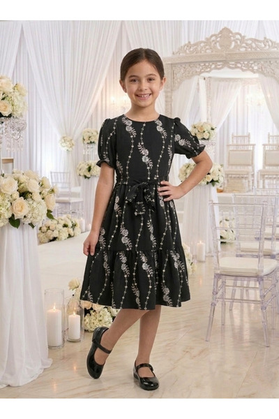 BİGOSSO Kız Çocuk Kısa Kol Çiçekli Şık Elbise Doğum Günü Abiye