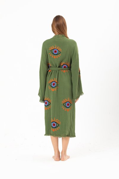 Denizli Kimono 100% Organic Cotton Moon Pattern Printed Muslin Kimono Kaftan, Bathrobe, Dressing Gown
