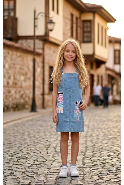KAYAKİDS Girl's Festive Denim Denim Dress Salopet Girl's Denim Denim Dress Sa...