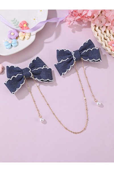 Take Two By Styli Dark Blue Bow Hair Clips with Chain