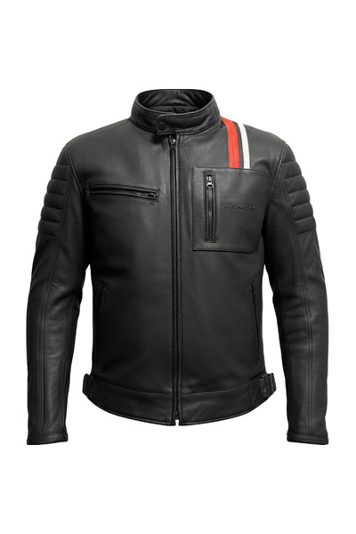 VENOM Motorcycle Jacket Mustang Black Red Striped Leather 4 Seasons 100% Lead...