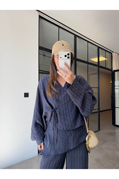 BB Bensu Buyruk Tie-Up Blouse with Shawl Detail Pants Suit Navy Blue