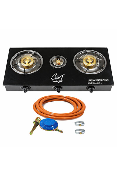Campion Set aragaz camping cu 3 arzătoare, ceas, furtun, cleme, GPL, gaz, sti...