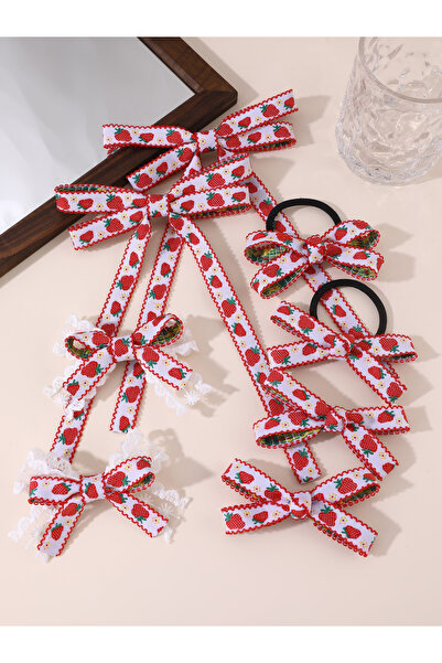 Take Two By Styli Pack of 8 - Strawberry Bow Hair Clip and Tie