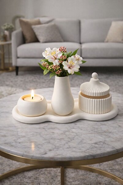 Boohem Home Dekoratif 5li Set Mumluk Düz Vazo Oval Tepsisi ve Kapaklı Şekerli...