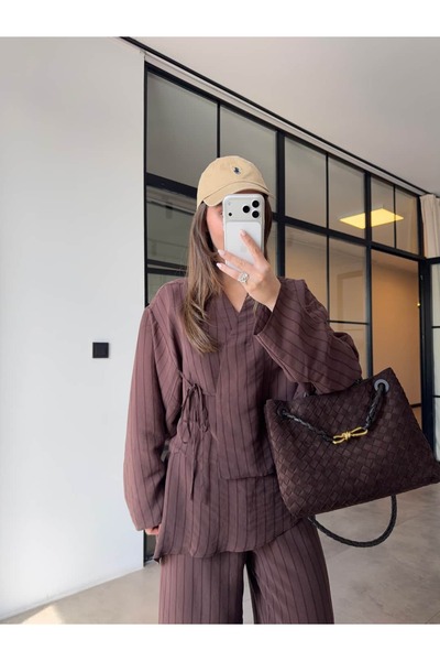 BB Bensu Buyruk Tie-Up Blouse with Shawl Detail Pants Suit Brown