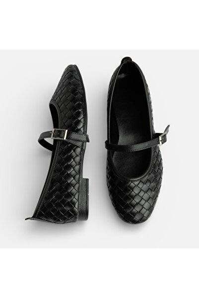 YNS STORE Tricotaj din piele neagră pentru femei, model balerini negru