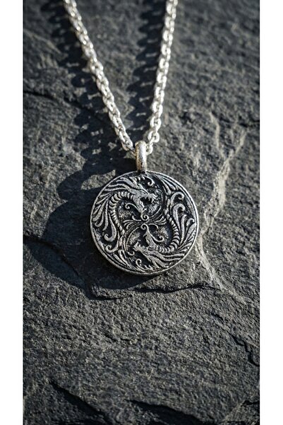 KARV Gümüş Renk Çift Ejderha Yin Yang Kolye - İkiz Ejderha Madalyon - Çelik Z...