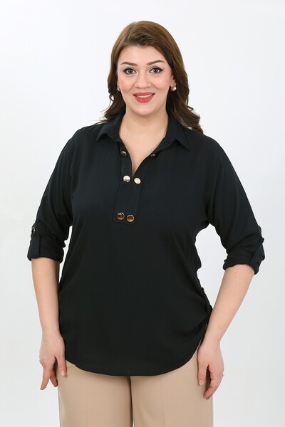 By Alba Collection Women's Black Button Detail Plus Size Viscose Shirt