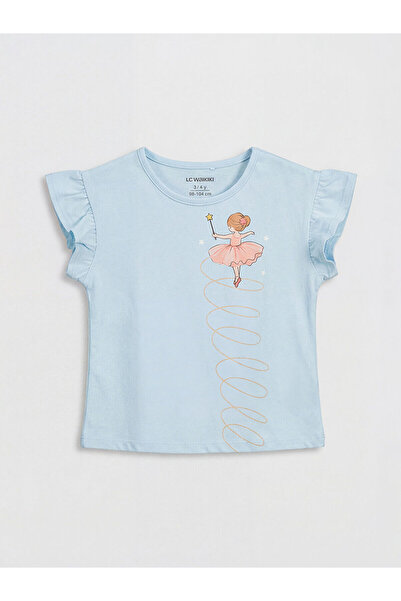 LC Waikiki Crew Neck Printed Girls' Ruffle T-Shirt