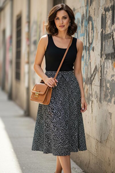 Mossta Rochie cu bretele și detaliu la gât cu model lungime midi - Negru