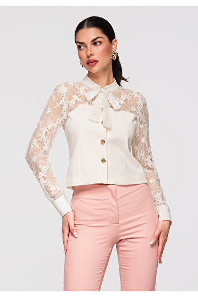 OMBRE Dámske Elegantná Košeľa s Čipkou OW-SH-E0036 Béžová