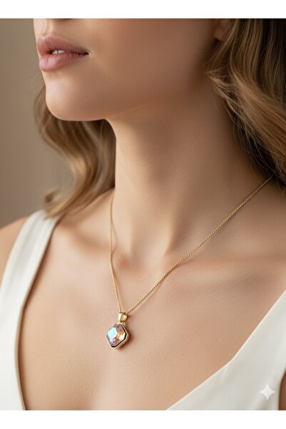 ESRADA 3S Geometrik Kesim İri Aurora Kristal Çelik Kolye