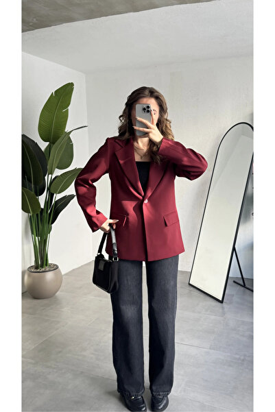 ELAYF Women's Burgundy Oversized Blazer Jacket Single Button Classic Casual F...