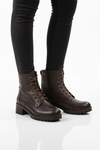 Aspor Brown Genuine Leather Zippered Lace Detailed Women's Heeled Boots