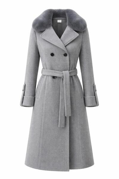 ESİN GİYİM Kadın Kürk Yakalı Kemer Detaylı Araboy Kaşe Kaban