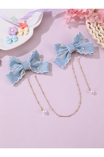 Take Two By Styli Blue Denim Bow Hair Clips with Chain