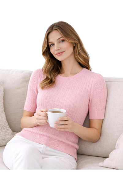 Abruzzo Pembe Bisiklet Yaka Kısa Kollu Triko Kazak Slim Fit Saç Örgü Desenli